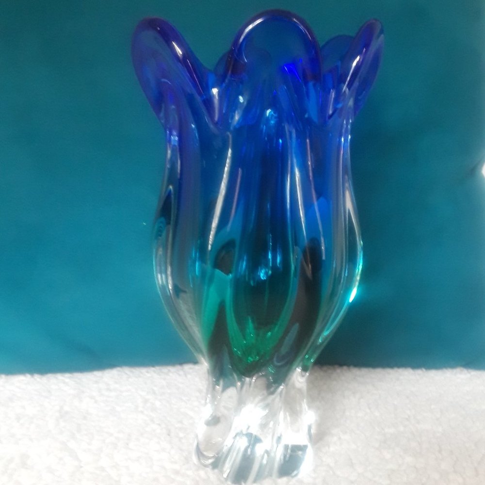 vintage blue and green hand blown art tulip glass vase